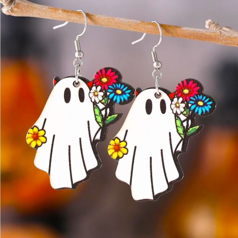 Flower Ghost Wooden Earrings